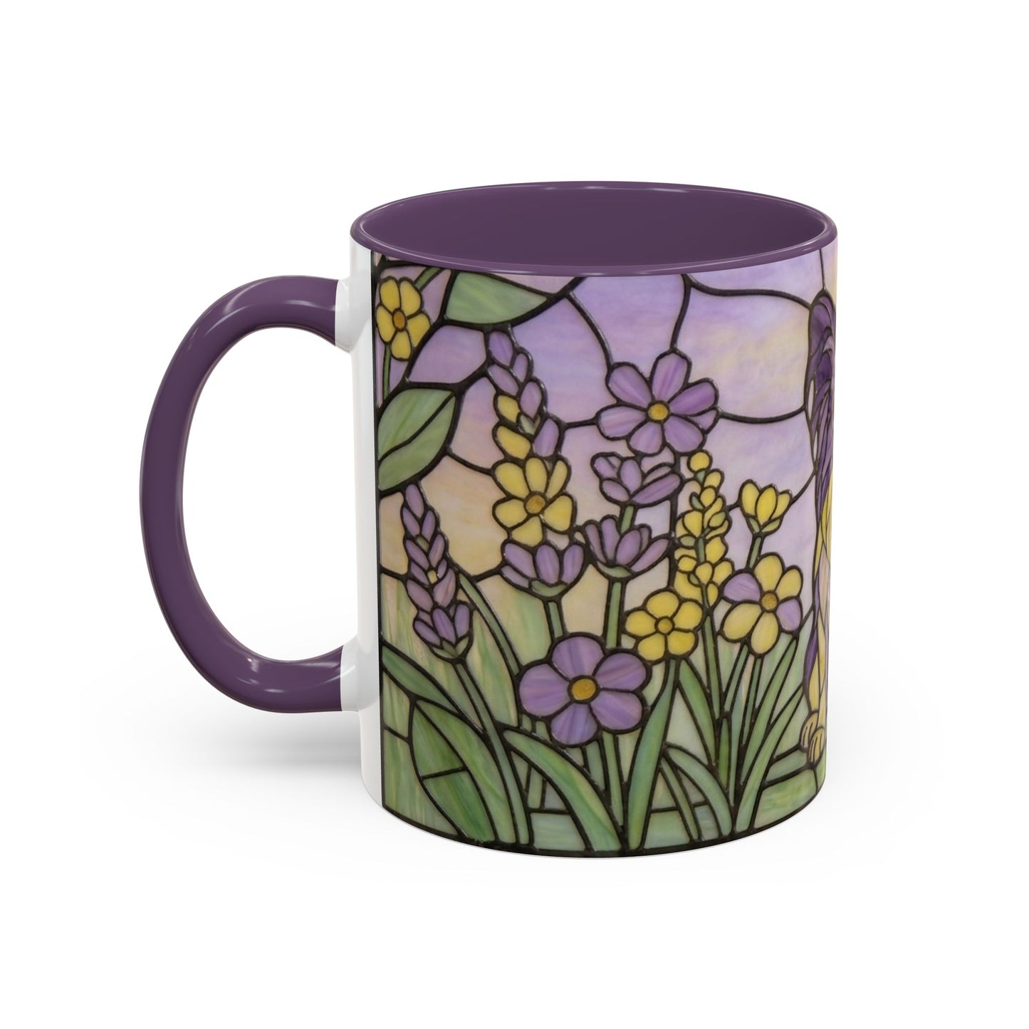 Mug with floral design and purple handle on a white background