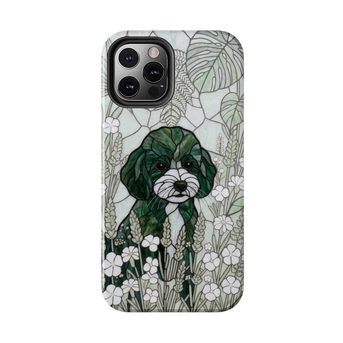 Toy Poodle Stained Glass Style Tough Case — Botanical Green Theme