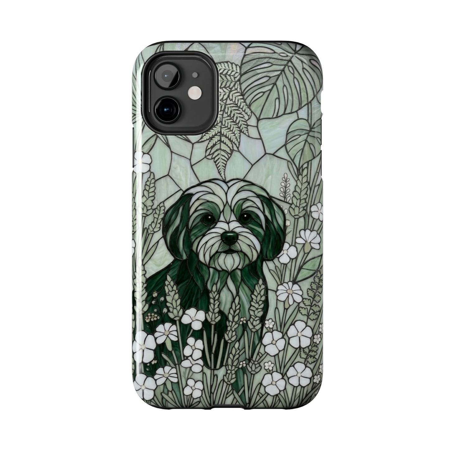 Phone case with a dog illustration on a floral and leaf patterned background