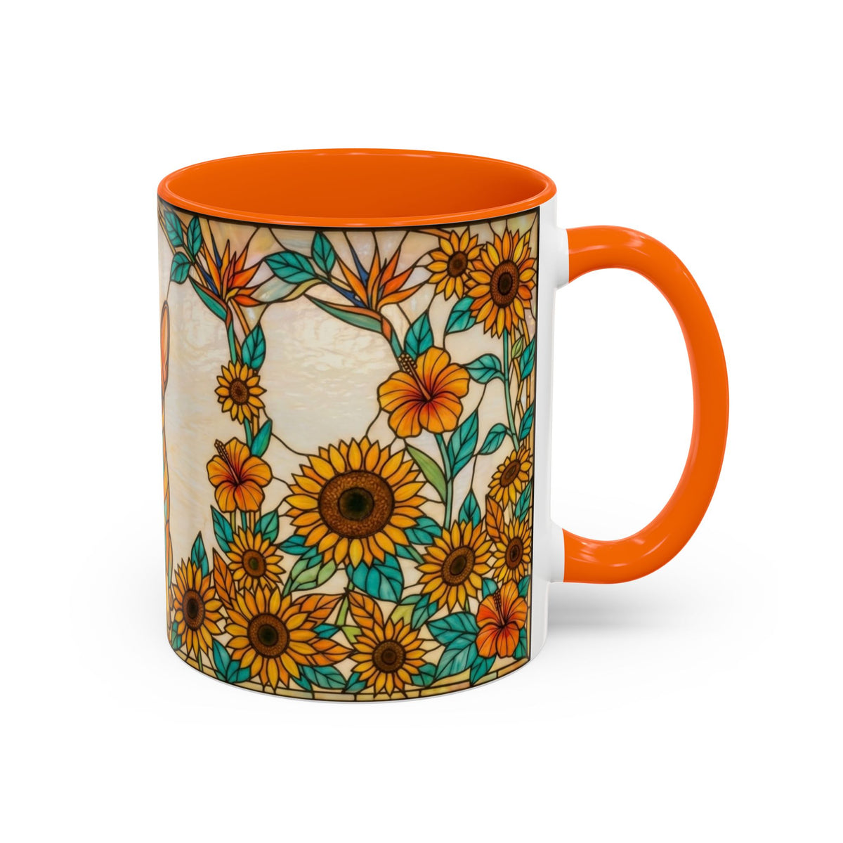 A ceramic mug with a vibrant orange handle and interior, decorated with a detailed sunflower and tropical floral pattern on a cream background.