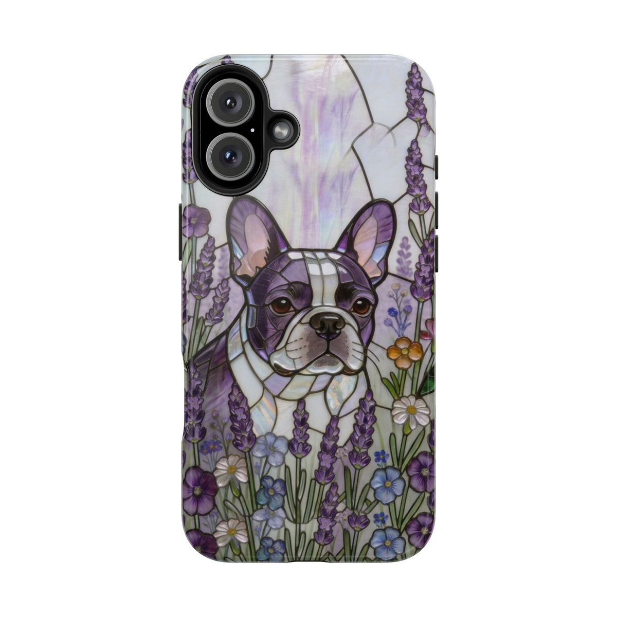 Frenchie Stained Glass Style Tough Case —Lavender Floral Theme