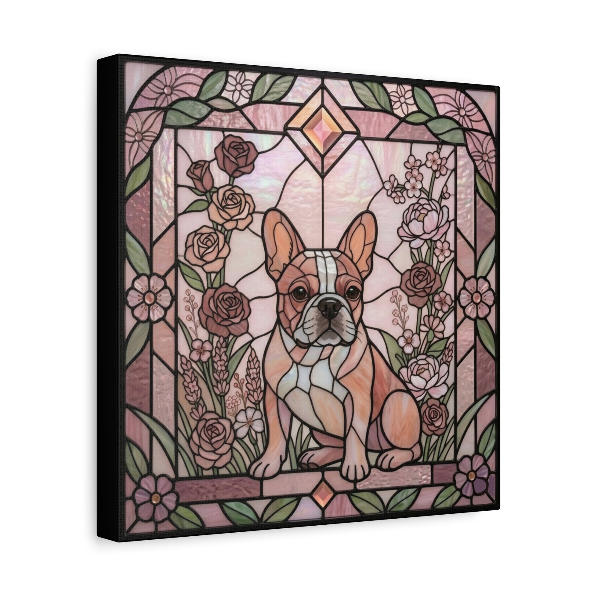 Canvas print of a dog's face framed in a stained glass style with flowers and leaves.
