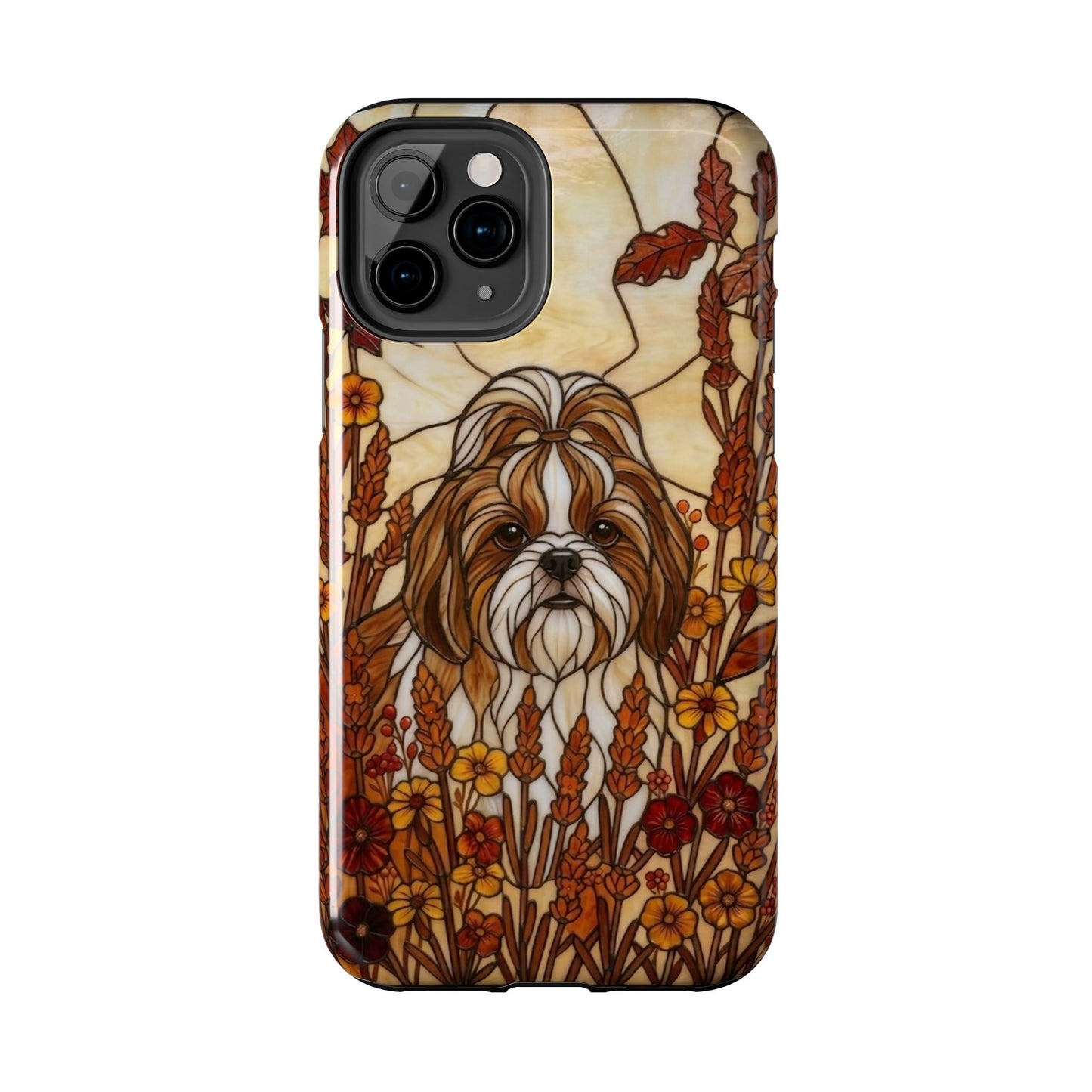 Phone case with a dog illustration in a floral pattern on a white background