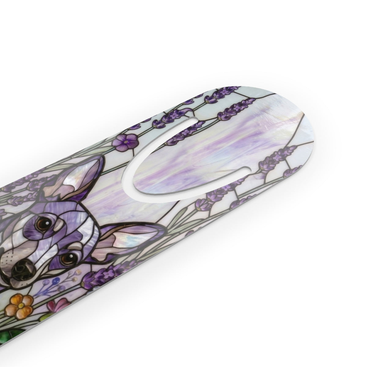 A close-up of a curved product featuring a stained-glass style illustration of a chihuahua dog surrounded by lavender and floral elements, with a white oval cutout in the center, shown on a plain white background.
