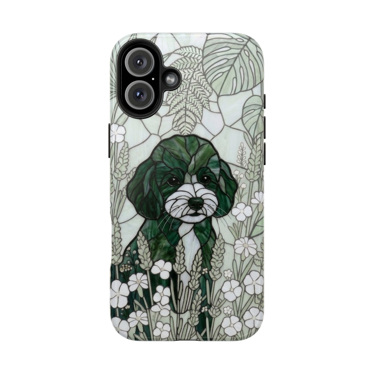 Toy Poodle Stained Glass Style Tough Case — Botanical Green Theme