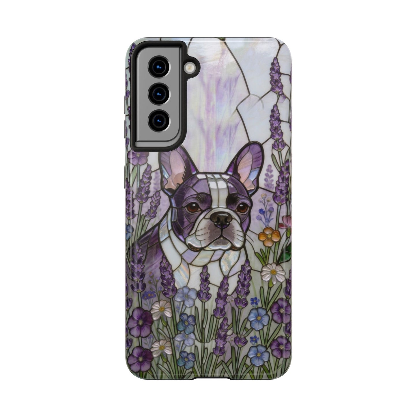 Frenchie Stained Glass Style Tough Case —Lavender Floral Theme