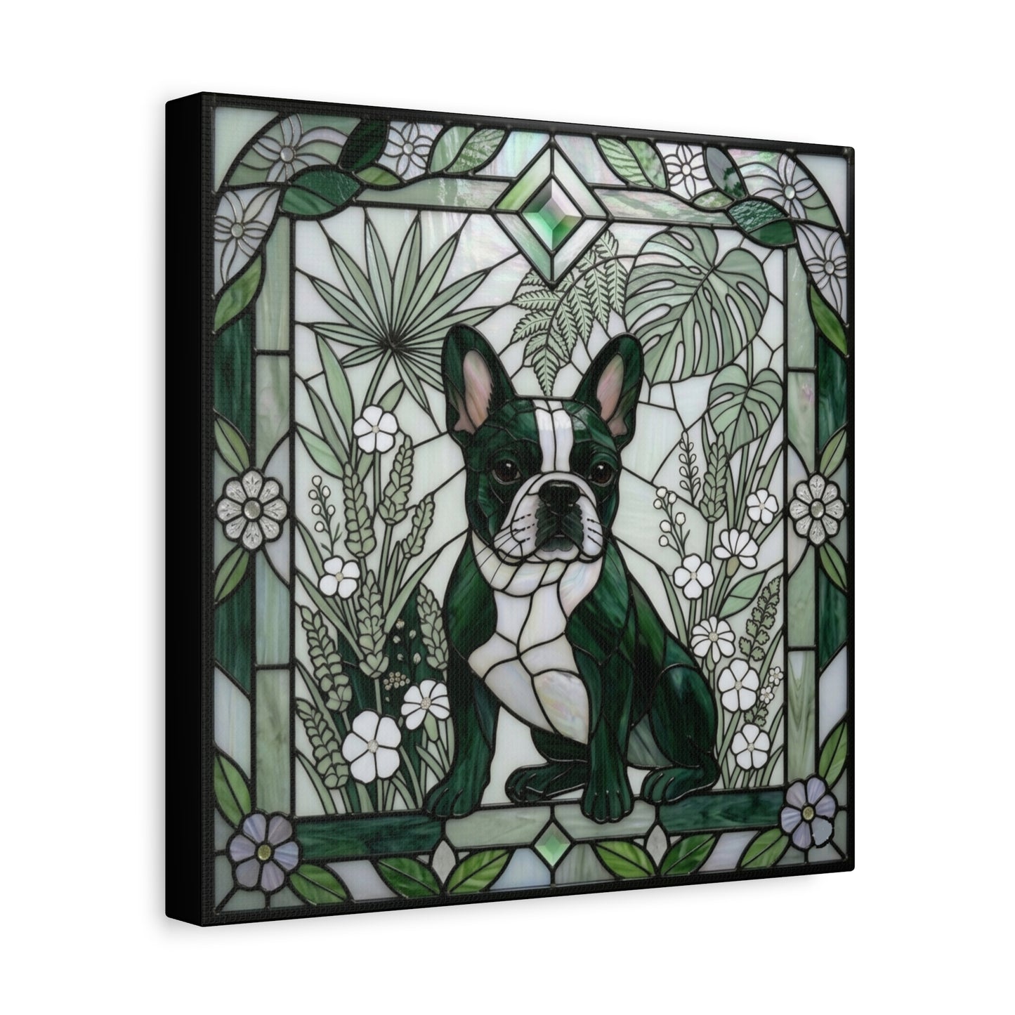 Stained glass-style artwork of a dog surrounded by foliage and flowers