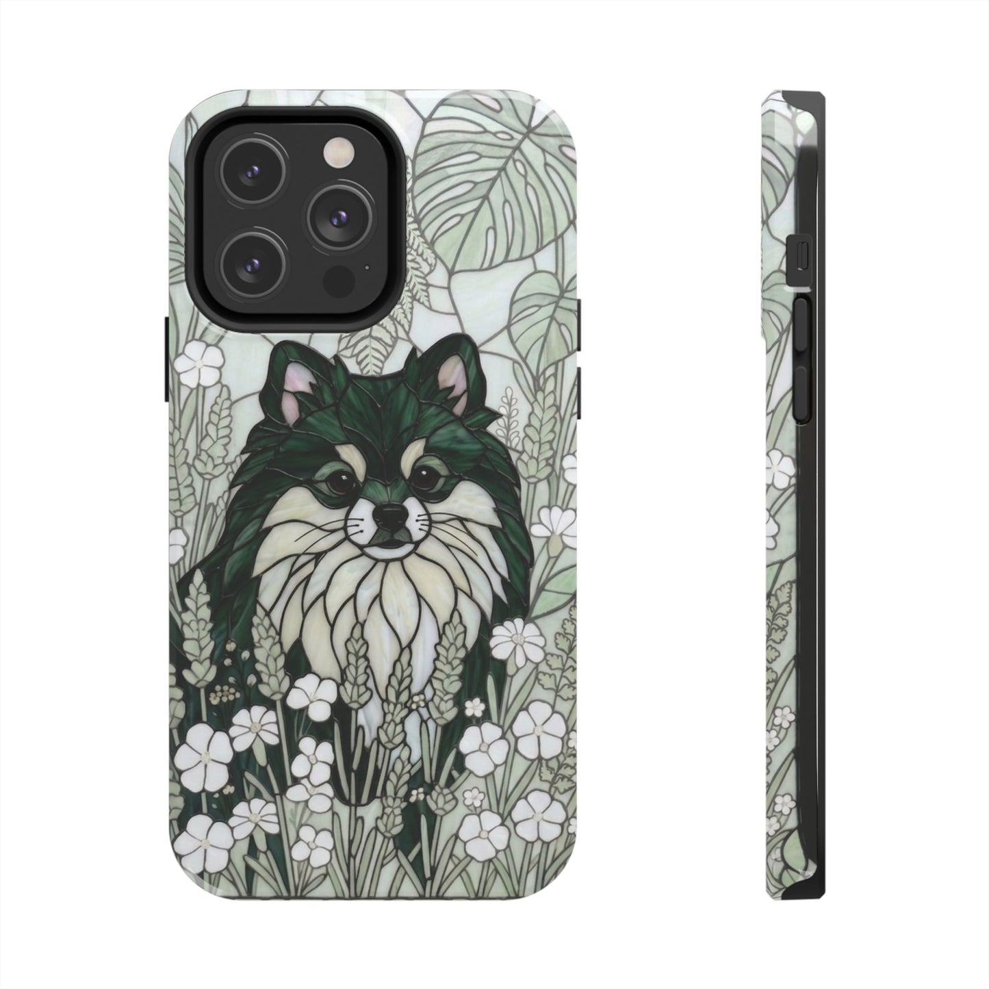 Pomeranian Stained Glass Style Tough Case — Botanical Green Theme