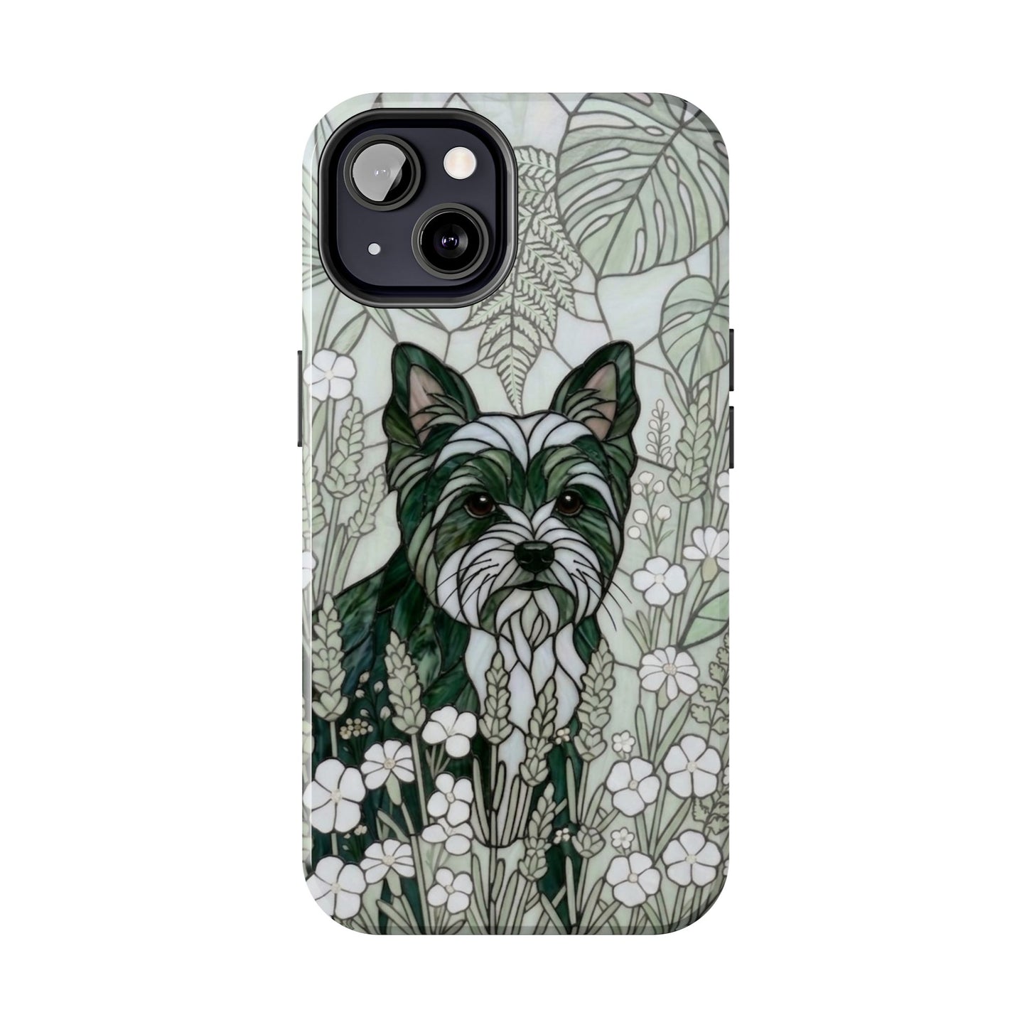 Yorkie Stained Glass Style Tough Case — Botanical Green Theme
