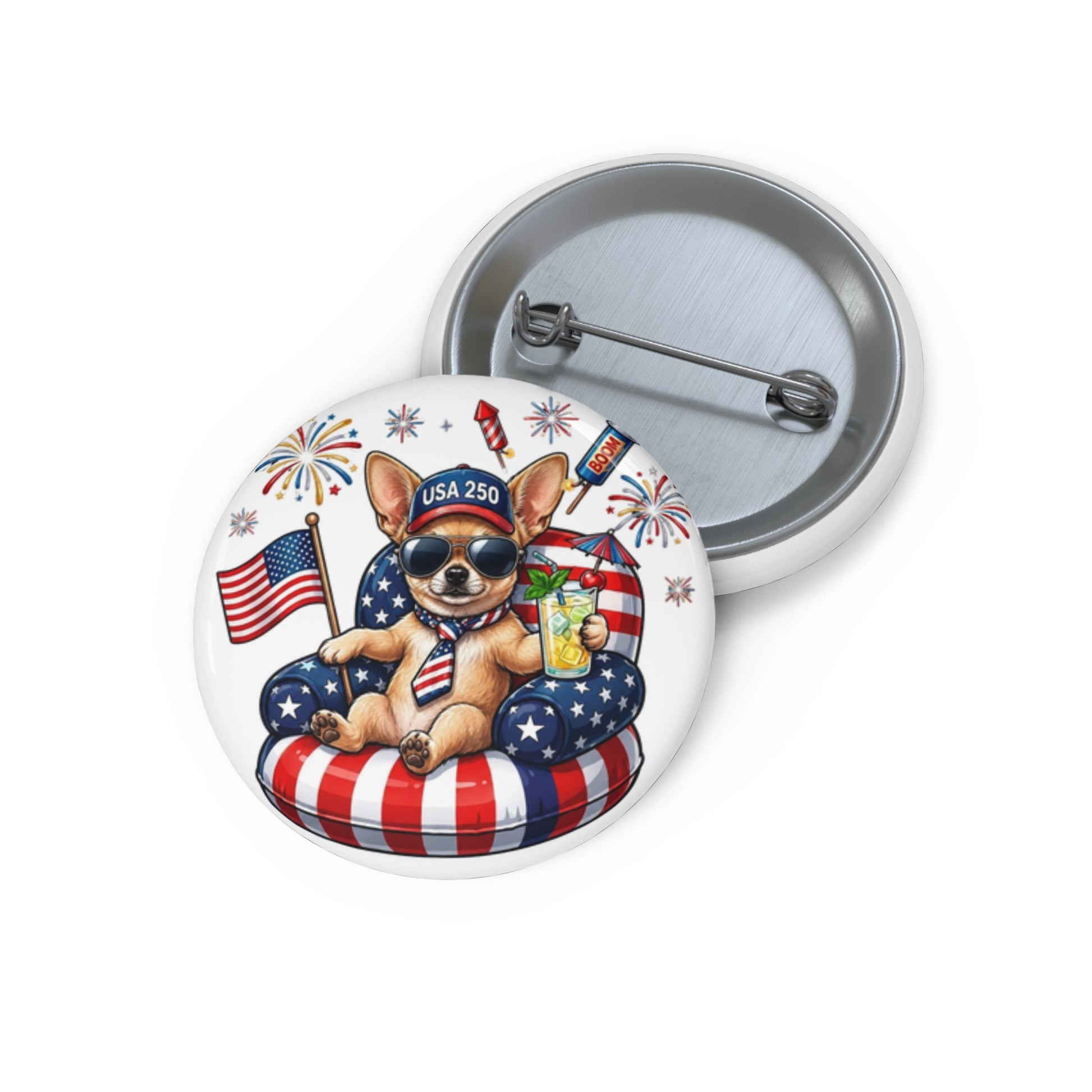 Button badge with a dog wearing sunglasses and a USA 2020 hat, surrounded by American flags and fireworks.