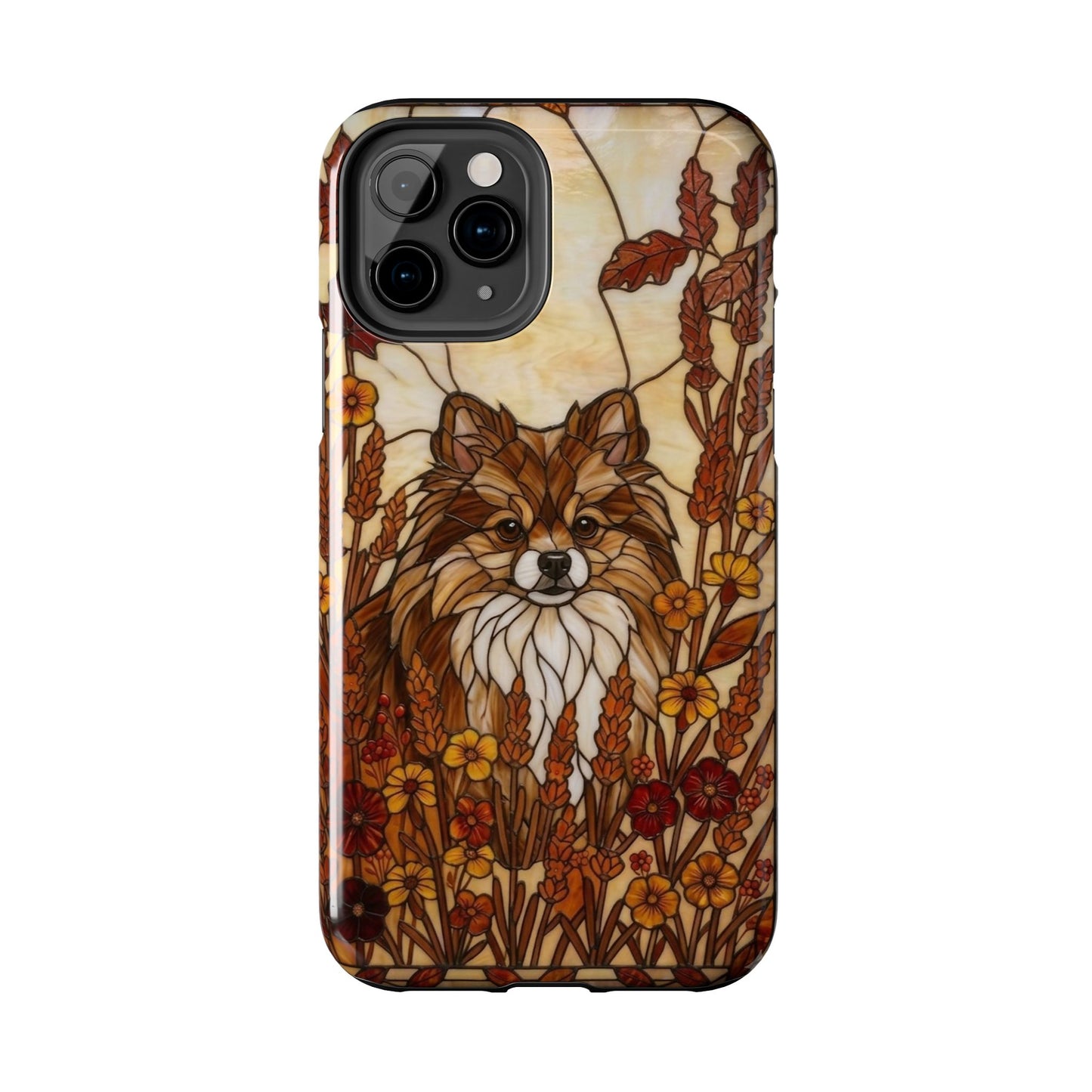 Phone case with a dog design in autumn-themed pattern on a white background