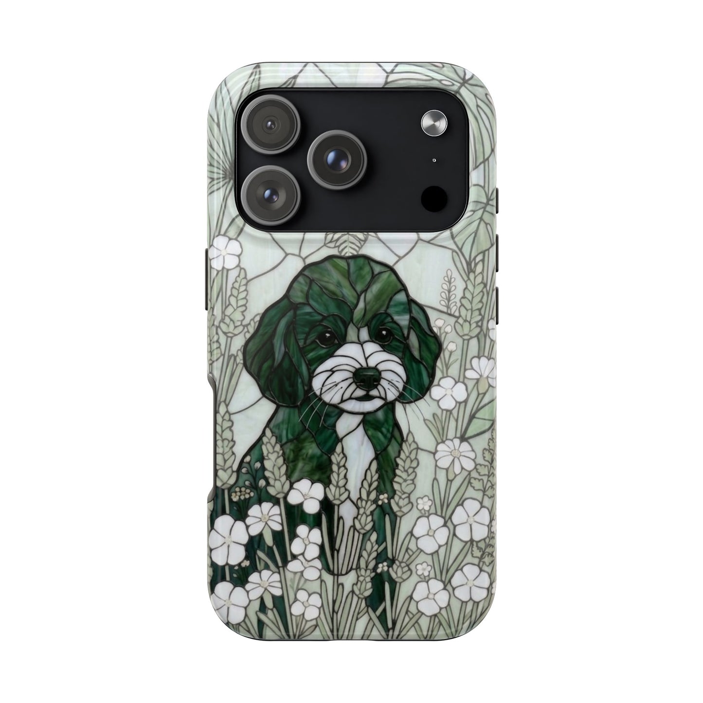 Toy Poodle Stained Glass Style Tough Case — Botanical Green Theme