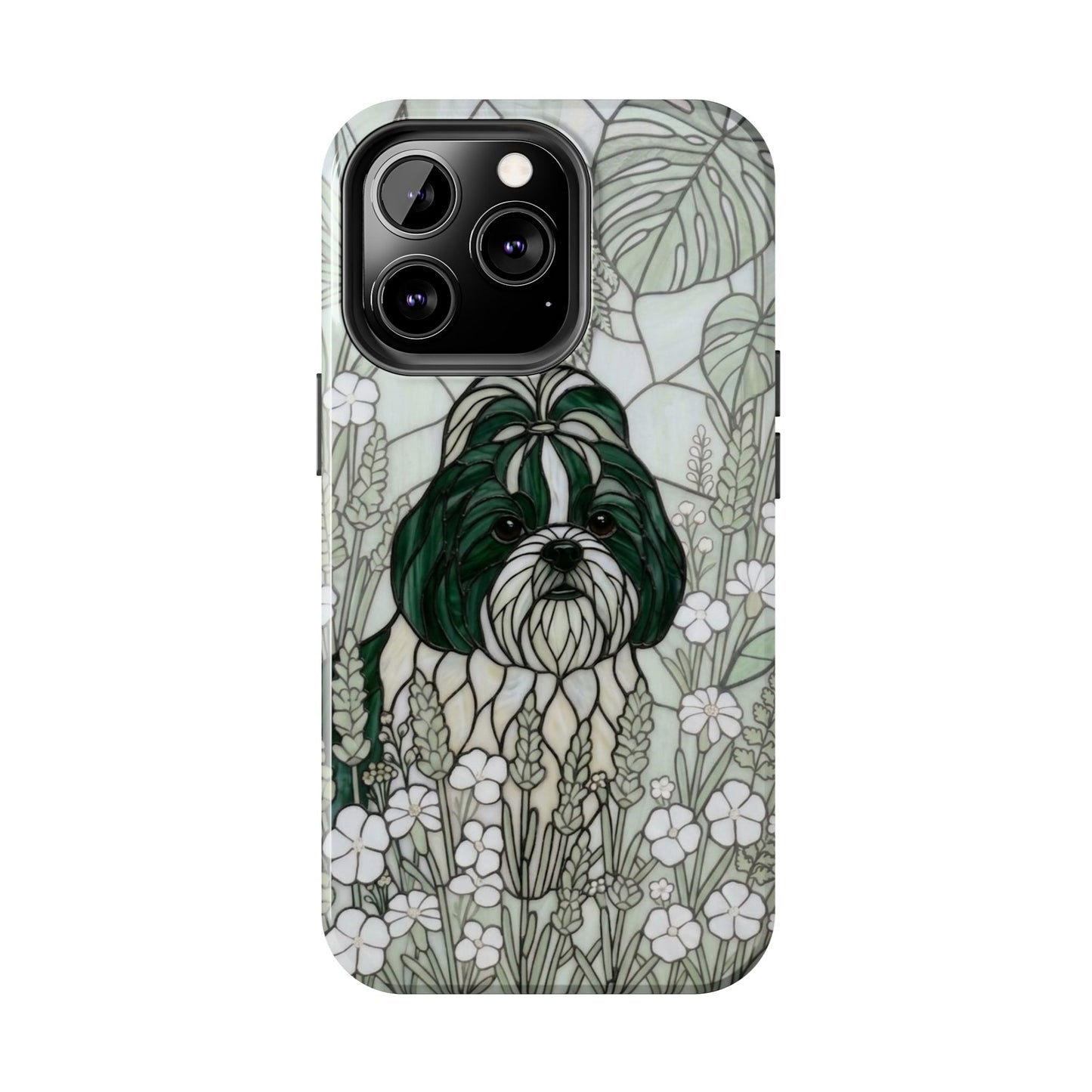 Shih Tzu Stained Glass Style Tough Case — Botanical Green Theme