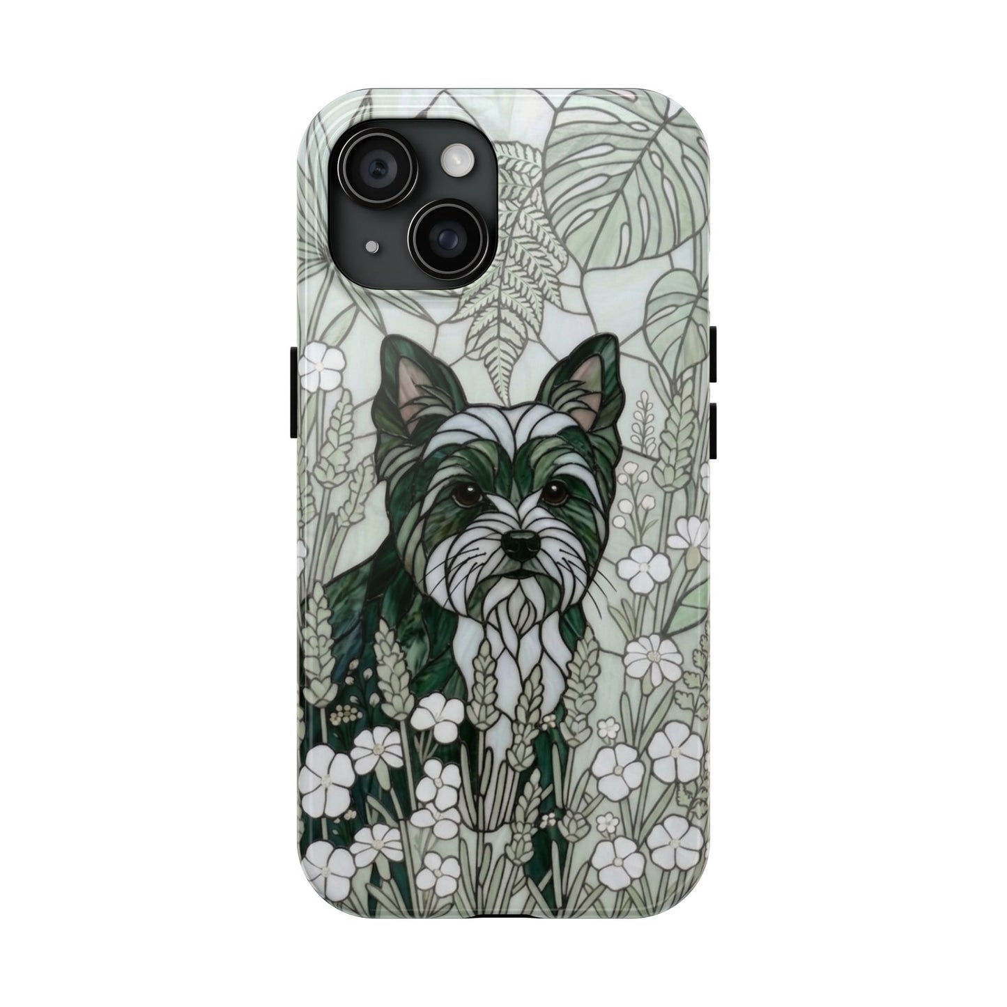 Yorkie Stained Glass Style Tough Case — Botanical Green Theme