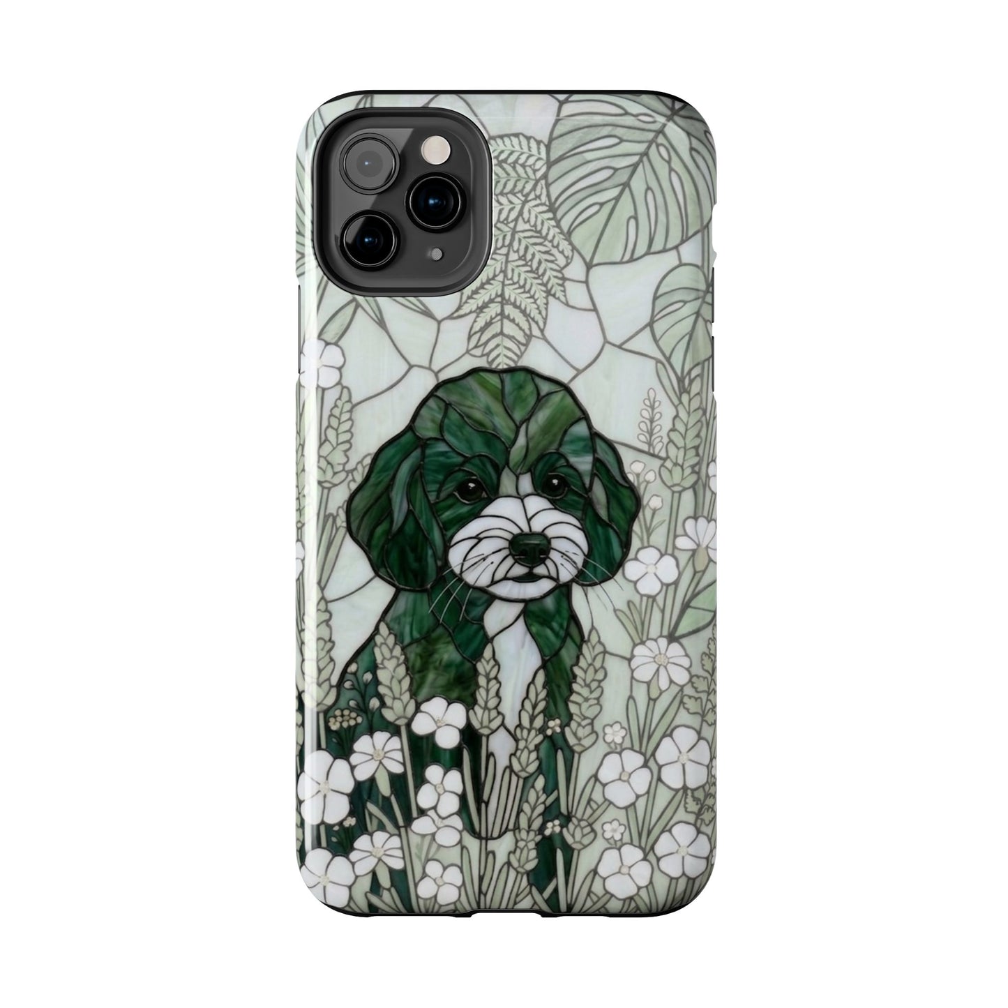 Phone case with a dog illustration on a floral and leaf patterned background