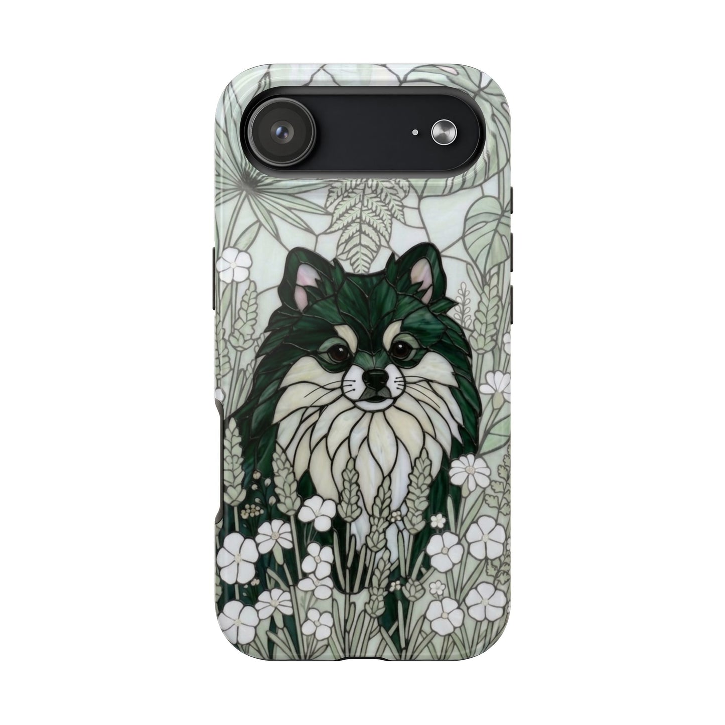 Pomeranian Stained Glass Style Tough Case — Botanical Green Theme