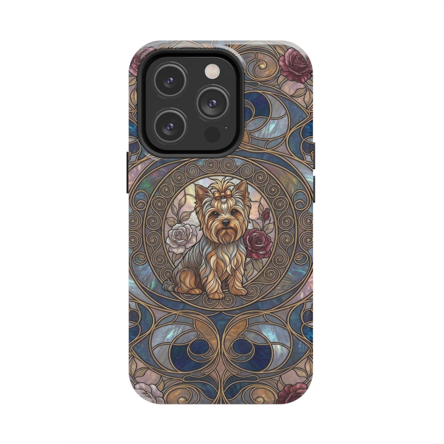 Yorkie Stained Glass Style Midnight Rose Tough Phone Case
