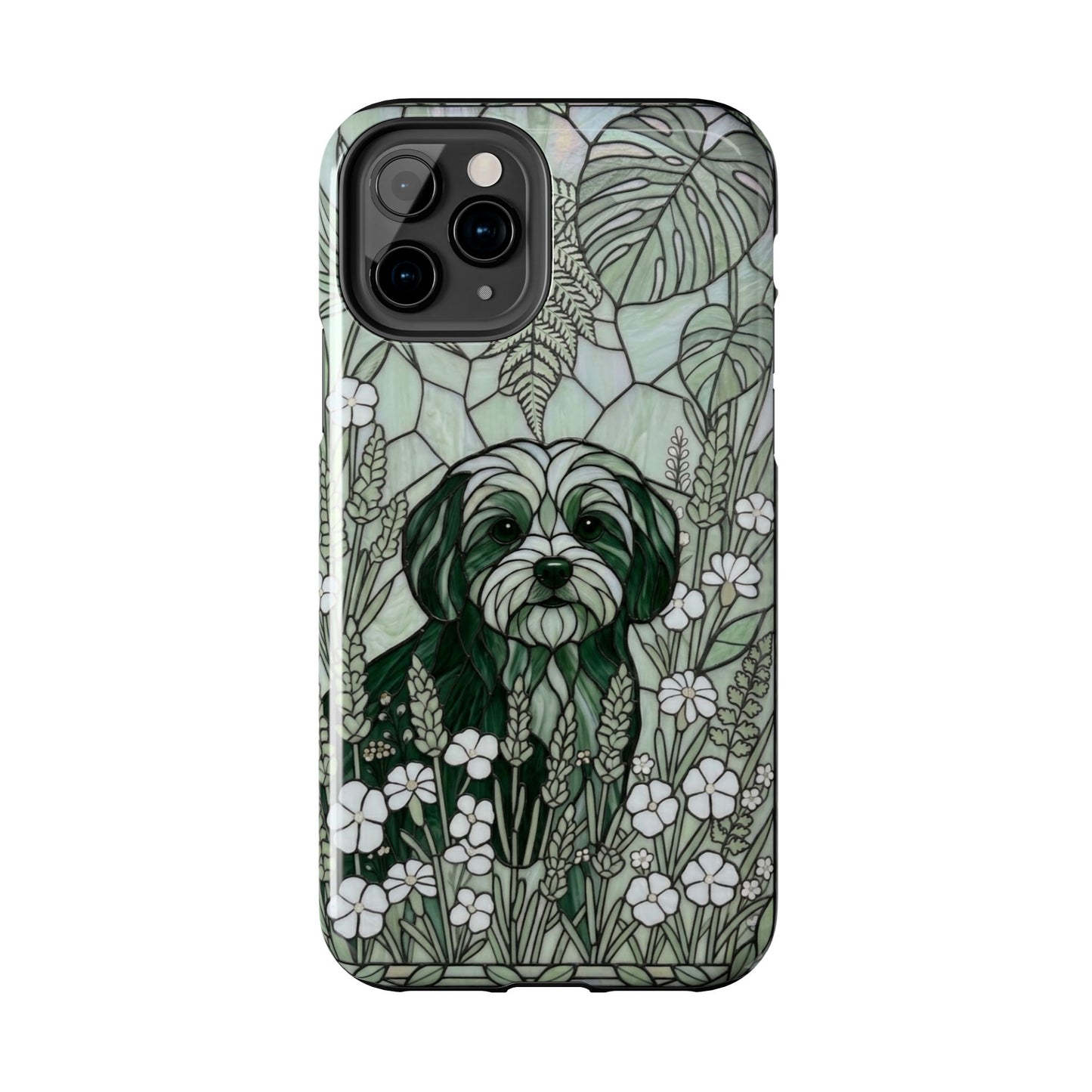 Phone case with a dog illustration and floral pattern on a white background
