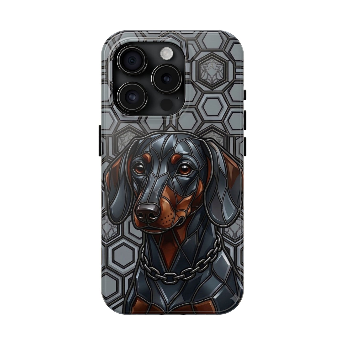 Phone case with a dachshund design on a geometric patterned background