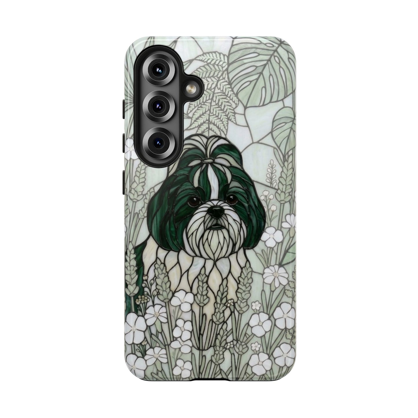 Shih Tzu Stained Glass Style Tough Case — Botanical Green Theme