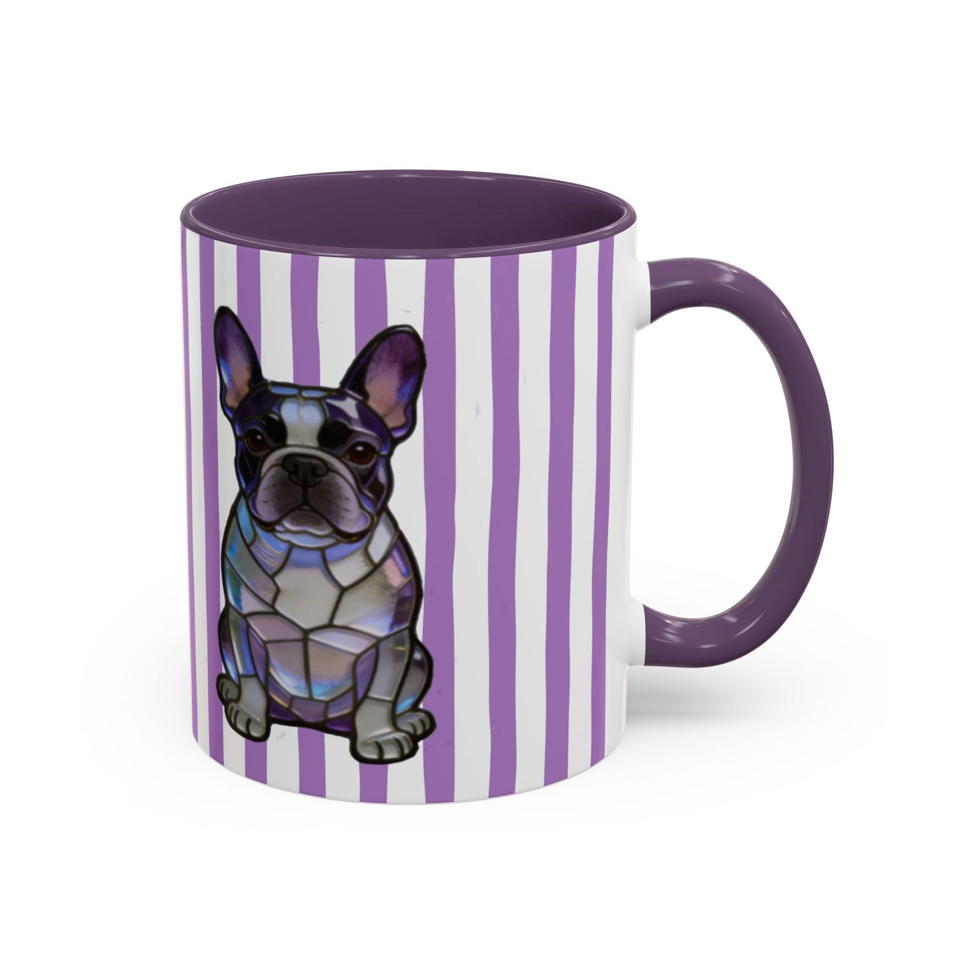 Mug with a purple interior, handle, and a design of a dog on a white background with purple stripes.