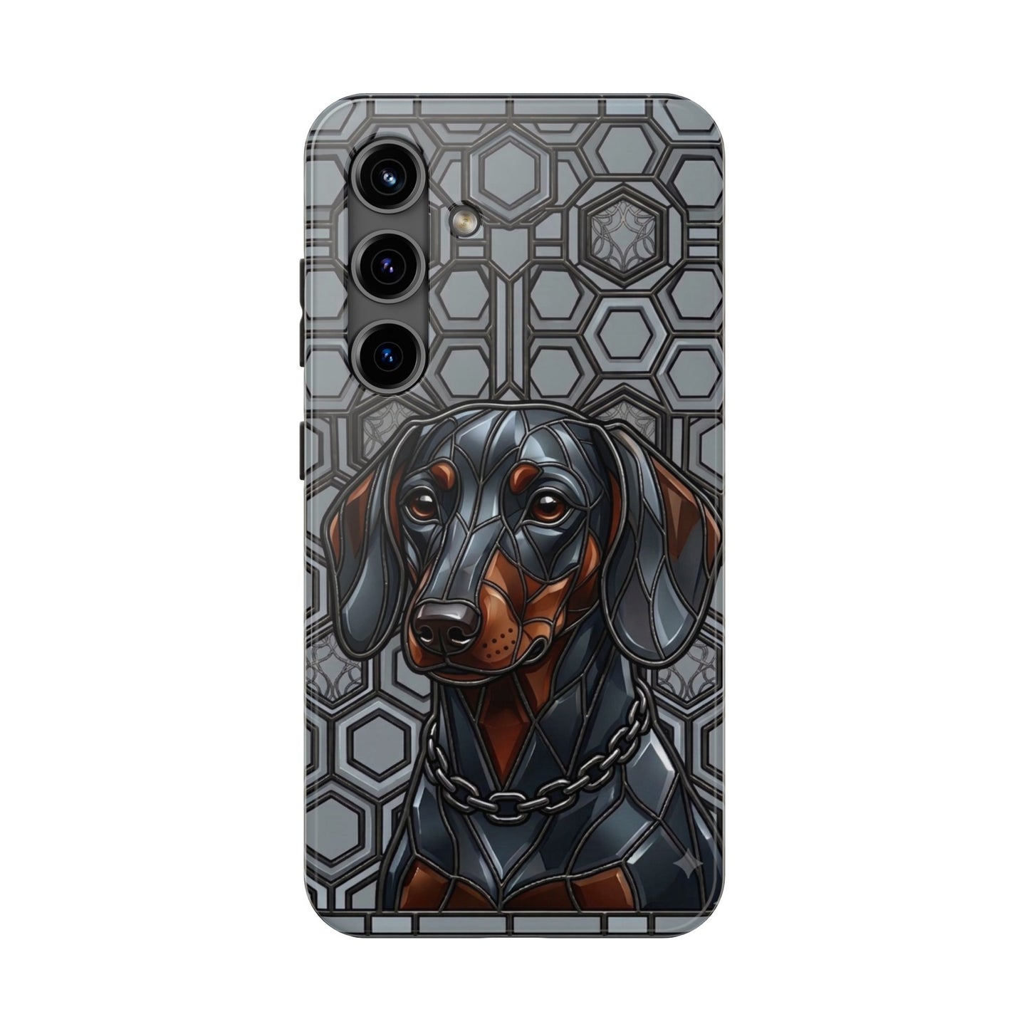 Phone case with a dachshund design on a geometric patterned background