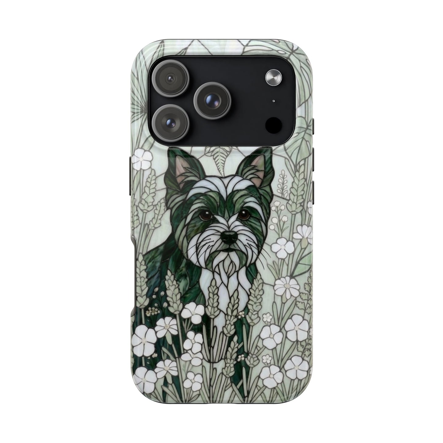 Yorkie Stained Glass Style Tough Case — Botanical Green Theme