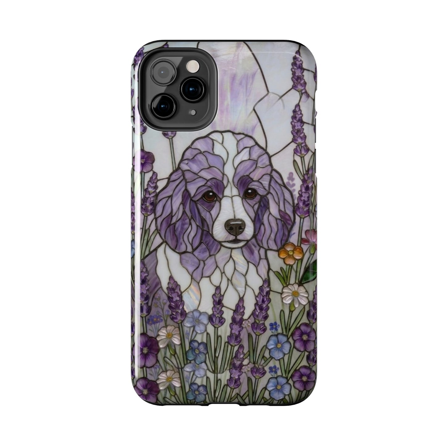 Phone case with a stylized dog illustration in purple and white surrounded by flowers on a white background