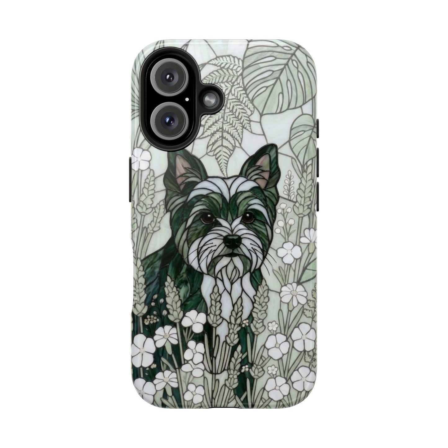 Yorkie Stained Glass Style Tough Case — Botanical Green Theme
