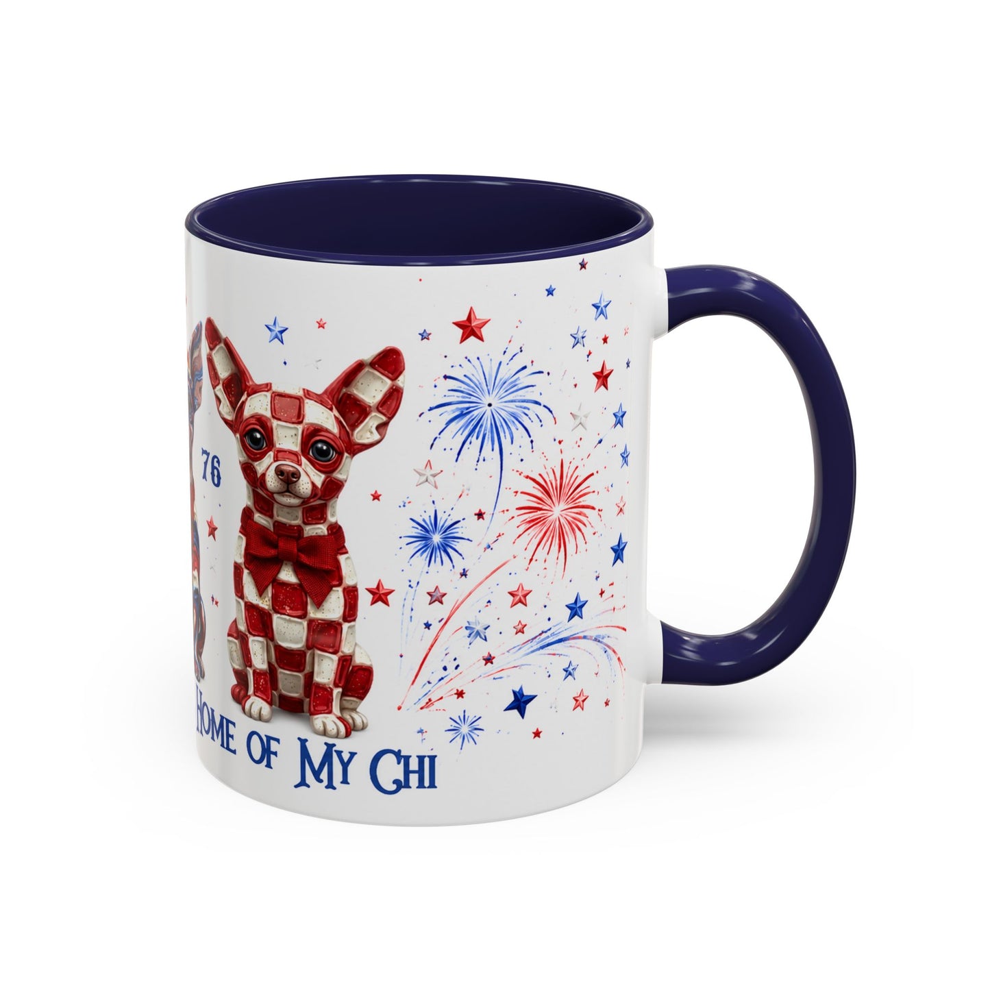 Mug with a dog illustration and fireworks design on a white background