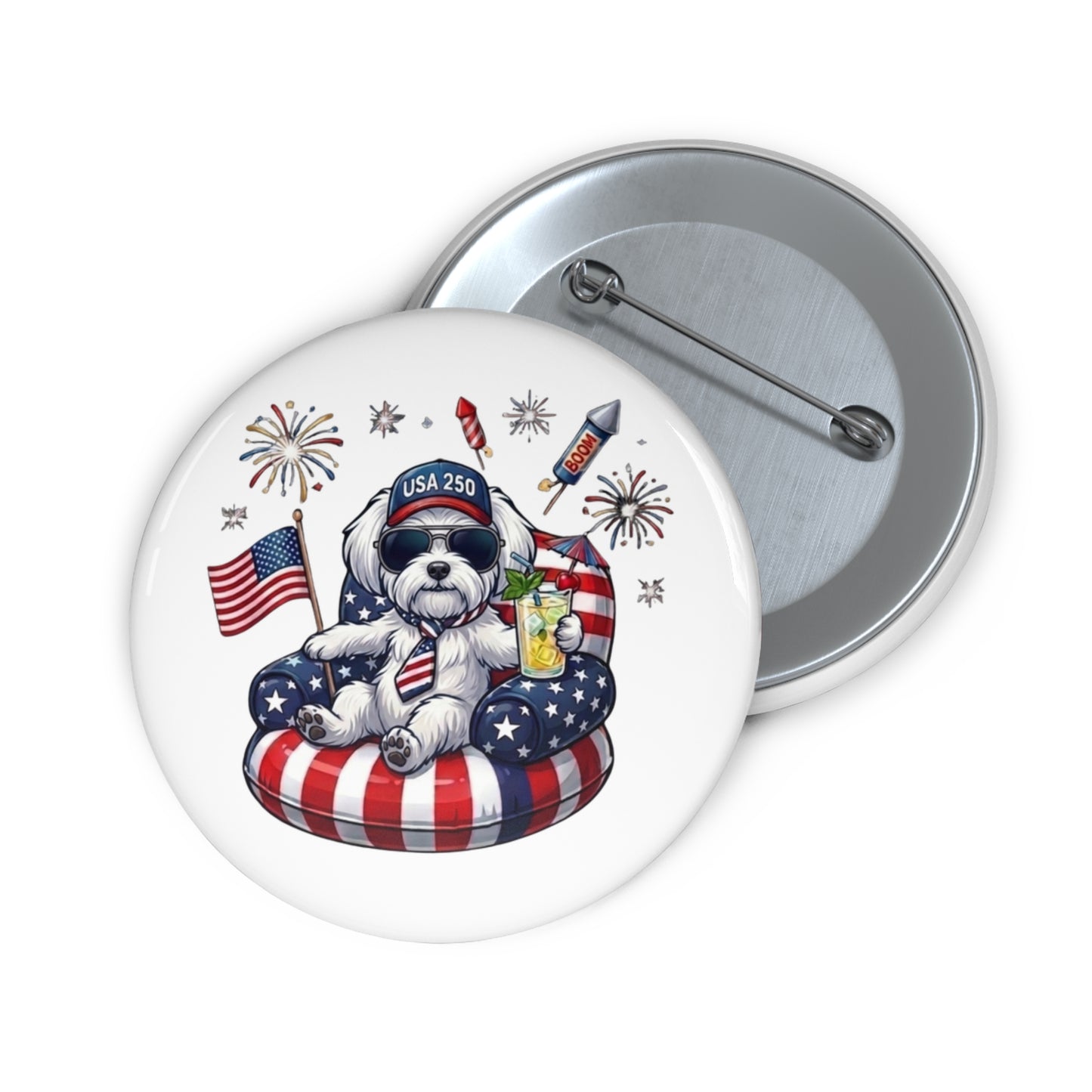 Button badge with a dog wearing sunglasses and a USA-themed hat, surrounded by American flags and fireworks.
