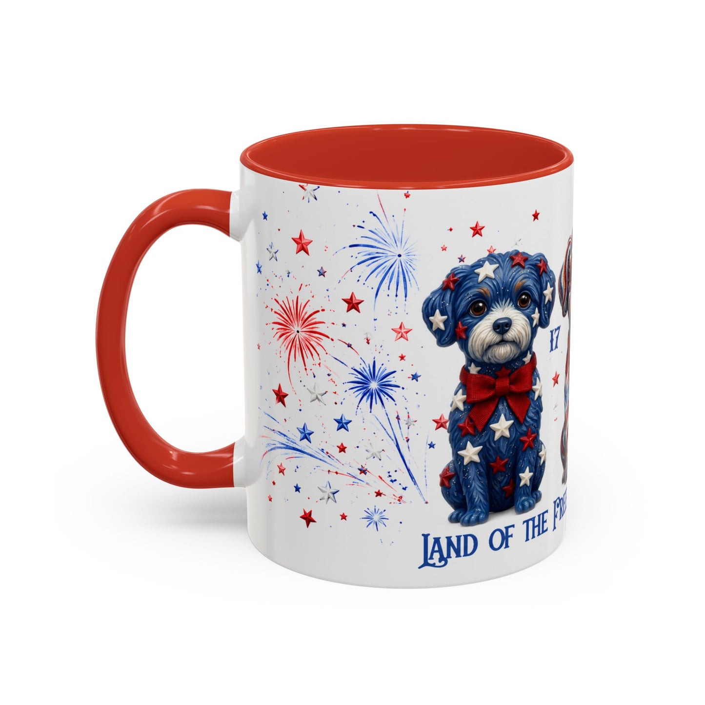 Mug with a dog illustration and patriotic design on a white background