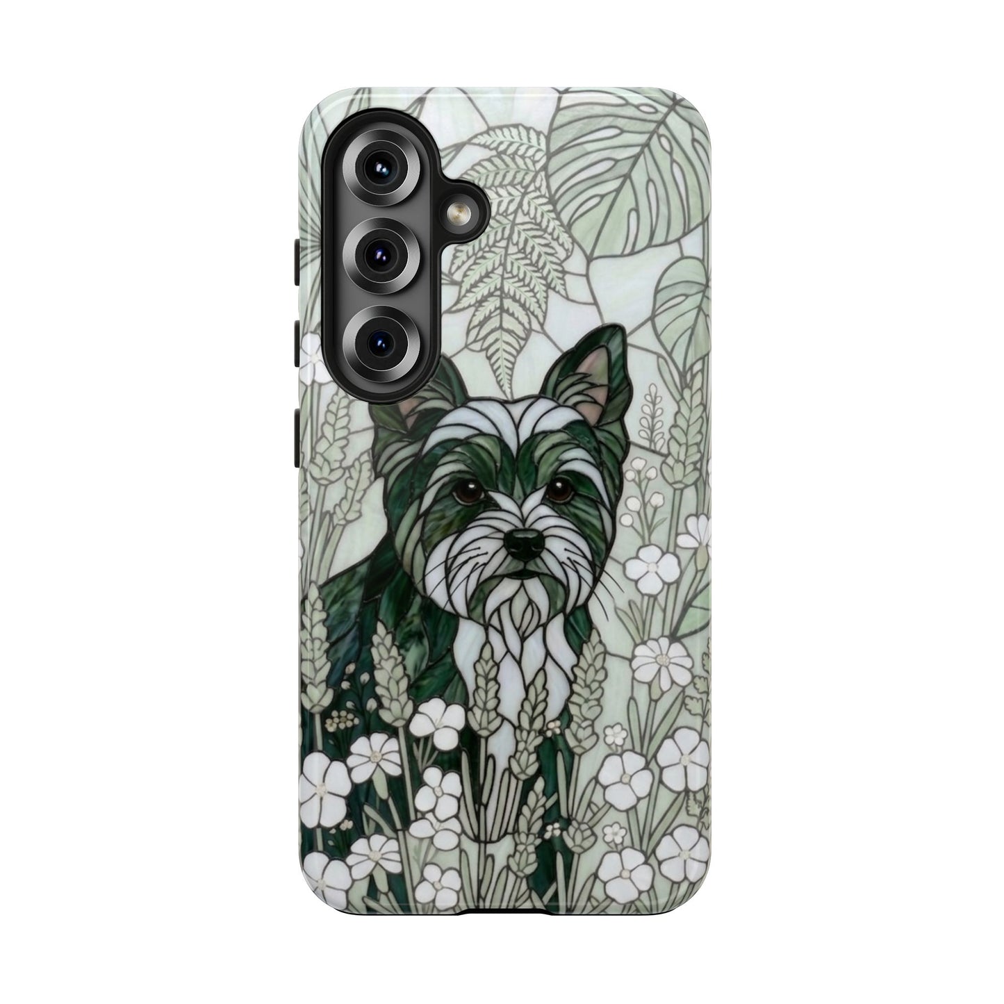 Yorkie Stained Glass Style Tough Case — Botanical Green Theme
