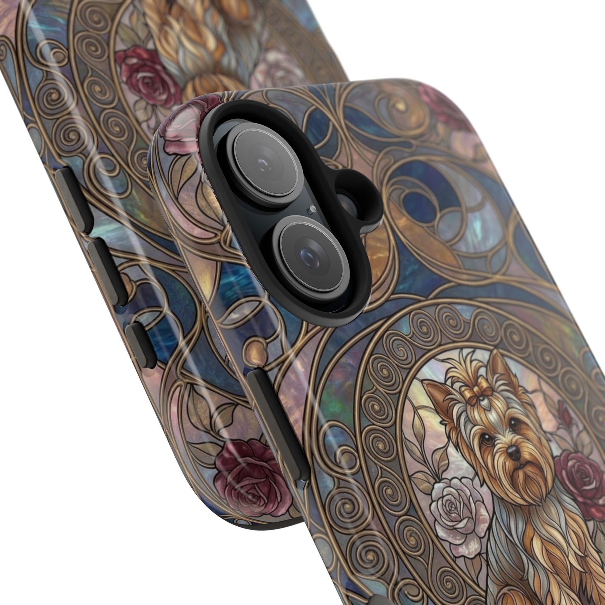 A close-up of a smartphone case with an ornate Art Nouveau design featuring a Yorkshire Terrier, roses, and swirling patterns in blue, gold, brown, and pink tones, shown on a white background.