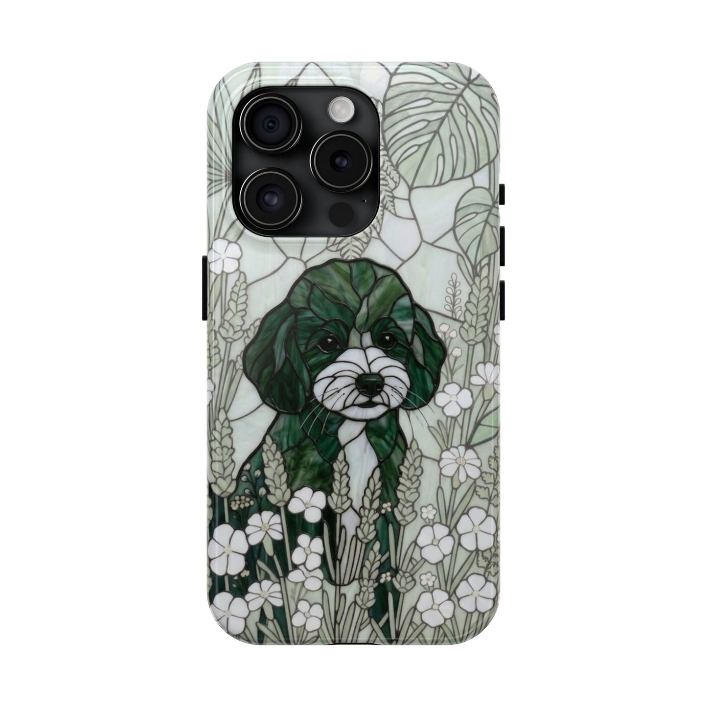 Toy Poodle Stained Glass Style Tough Case — Botanical Green Theme