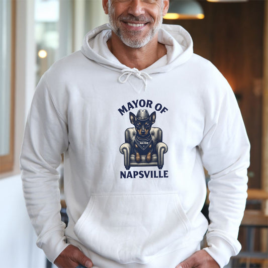 Man wearing a white "Mayor of Napsville" Miniature Pinscher hoodie with a dog on an armchair and funny nap design