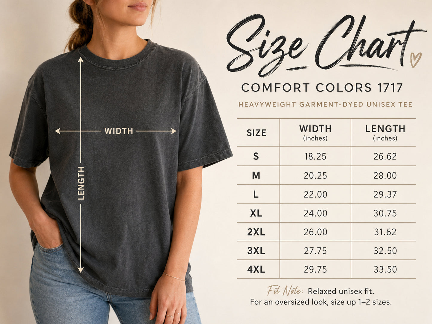 A size chart graphic showing a woman wearing a dark charcoal Comfort Colors 1717 unisex tee, with arrows marking width and length measurements. The right side includes a size table from S to 4XL with width and length in inches, and Comfort Colors branding.