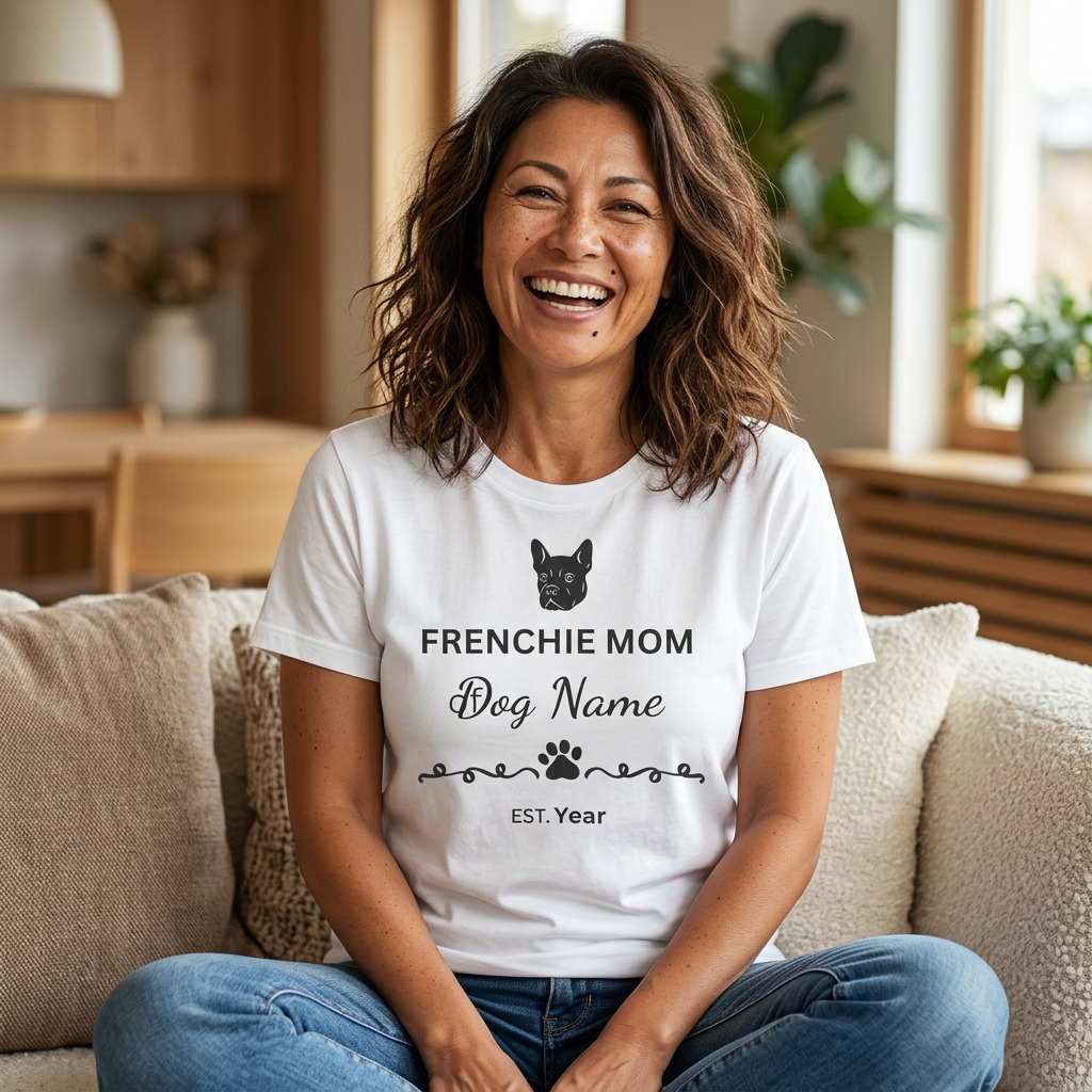 Woman wearing a 'FRENCHIE MOM' t-shirt sitting on a couch in a home setting.