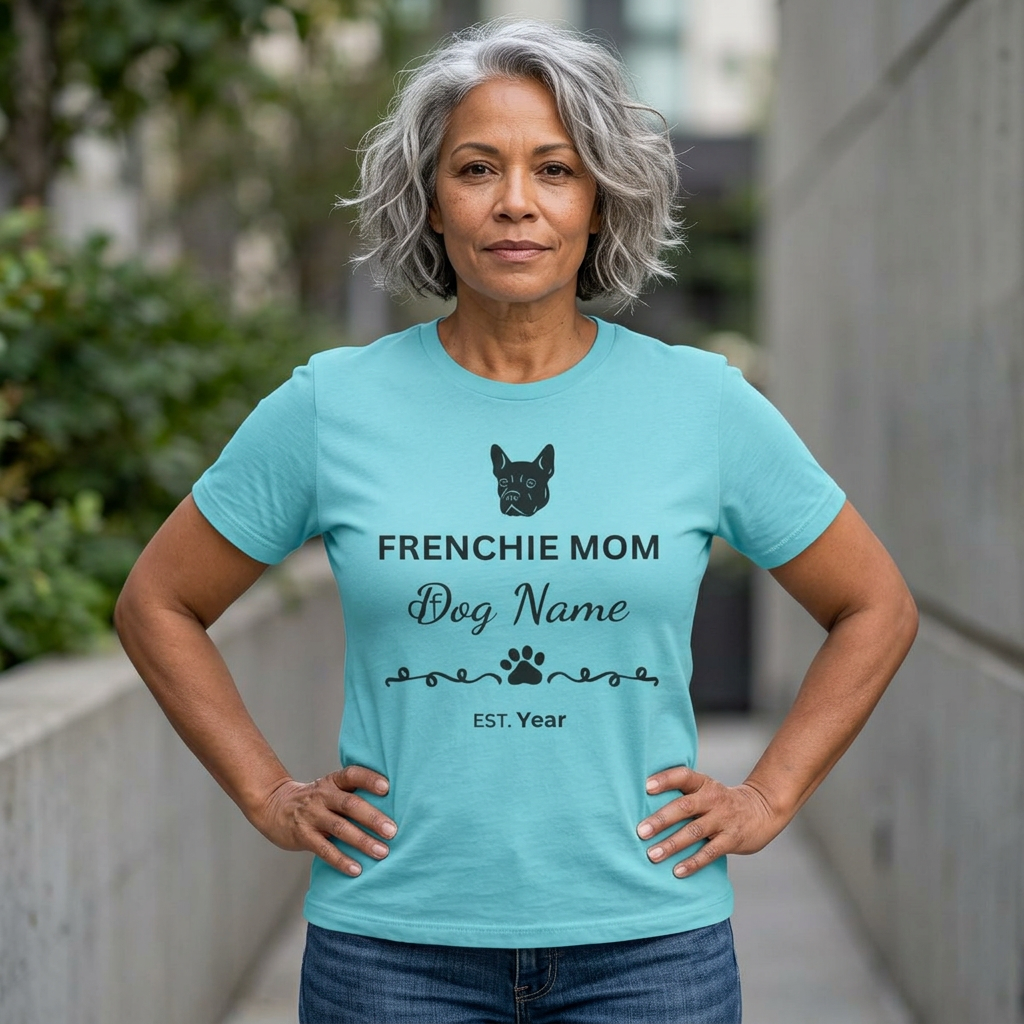Woman wearing a turquoise t-shirt with 'FRENCHIE MOM' text and dog icon.