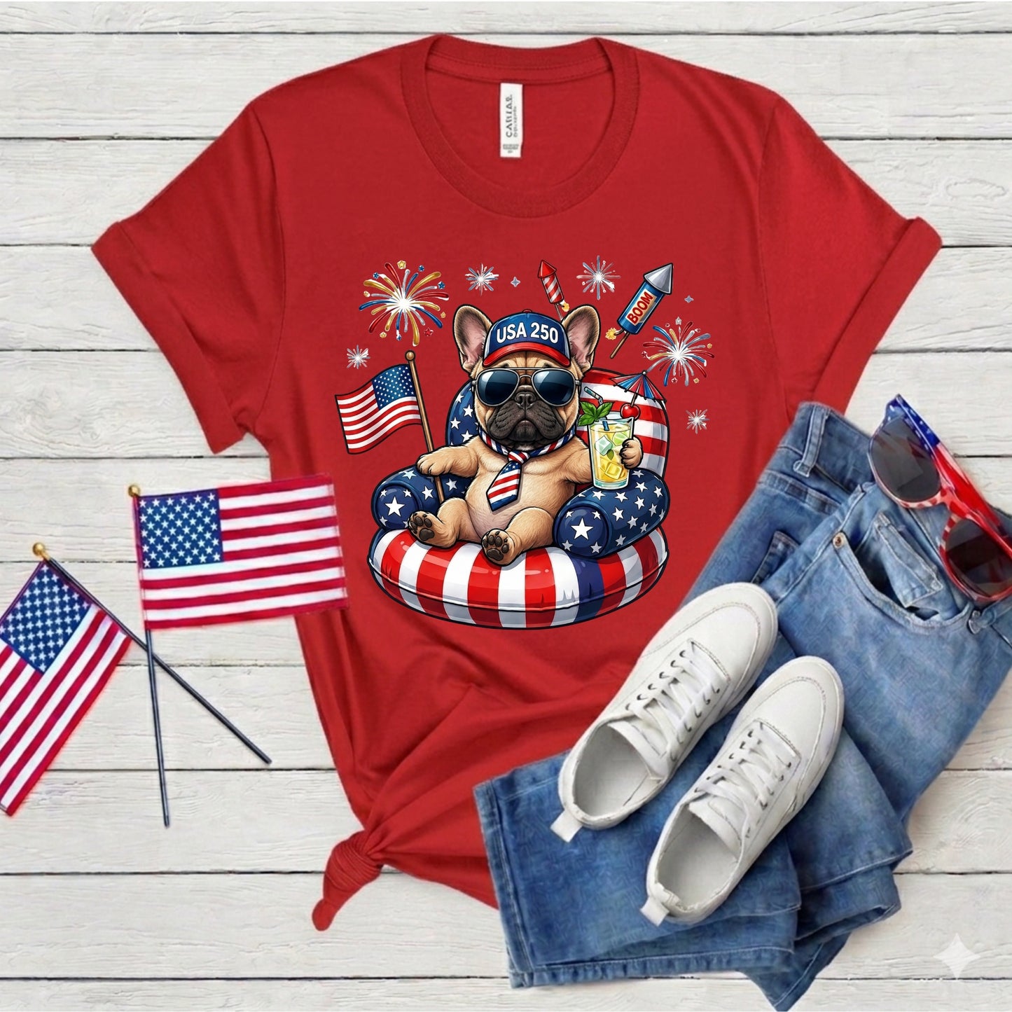 Red t-shirt with a dog graphic, American flags, and sunglasses on a wooden surface
