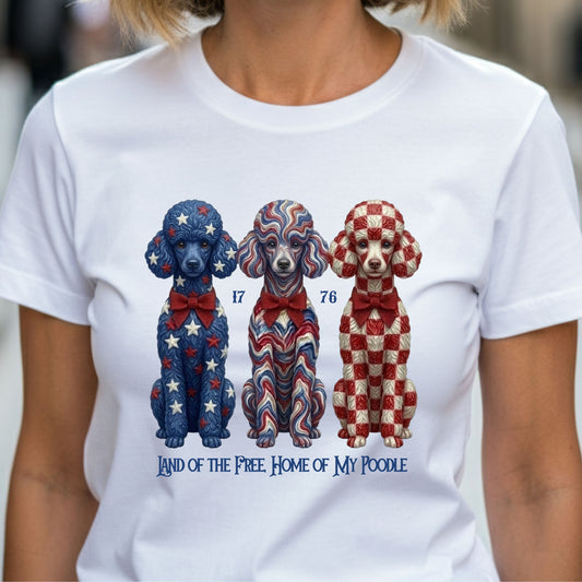 White t-shirt with patriotic poodle design and text worn by a person.