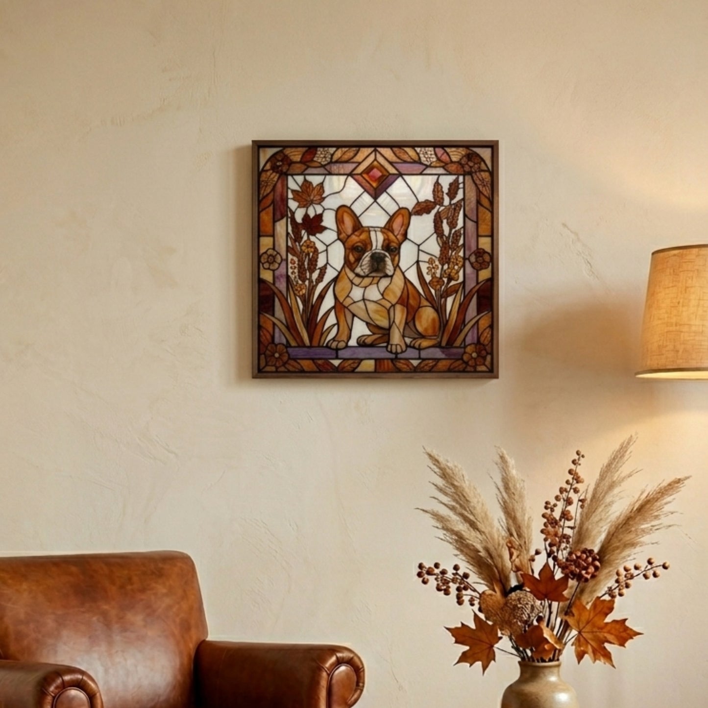 Stained glass artwork of a dog on a wall above a brown armchair with a lamp and decorative vase.