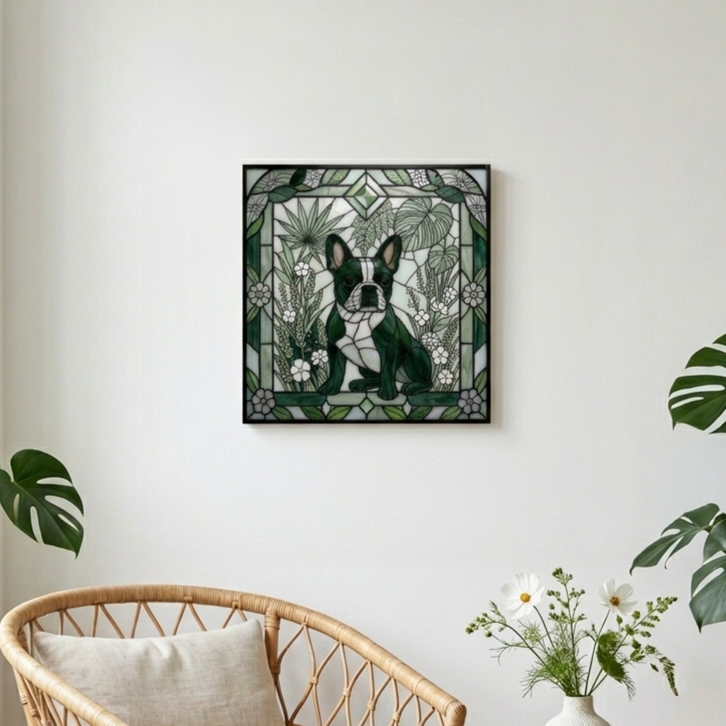 Framed artwork of a dog surrounded by foliage on a wall above a wicker chair with a plant.