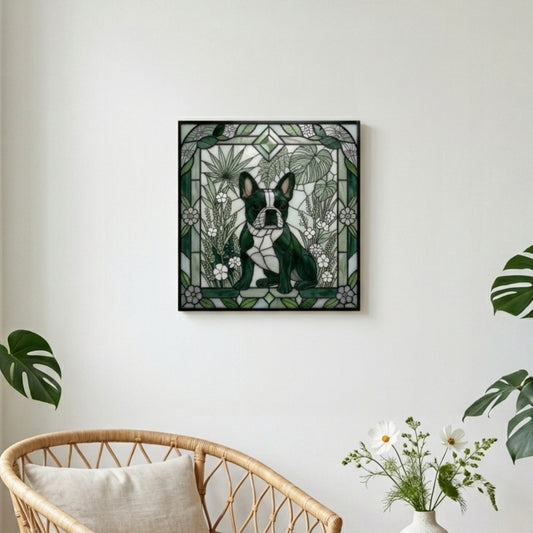 Framed artwork of a dog surrounded by foliage on a wall above a wicker chair with a plant.