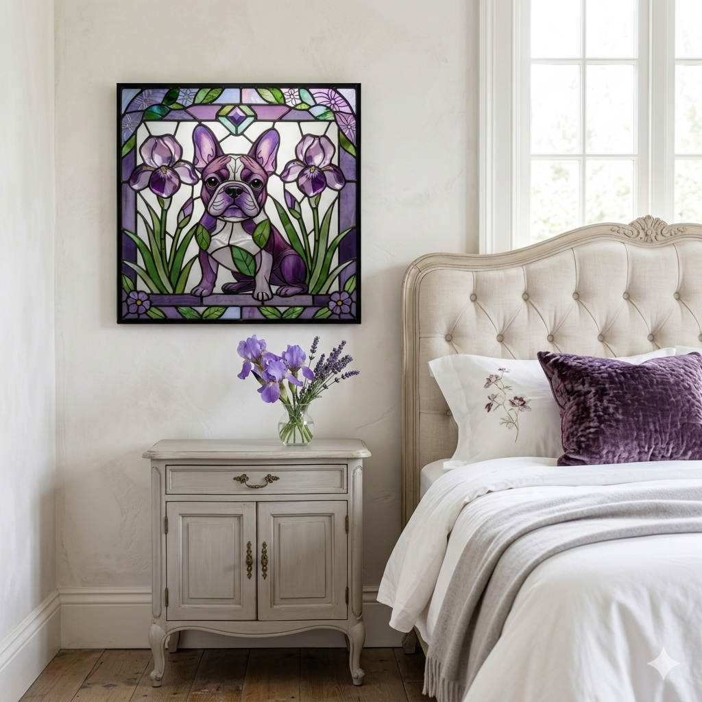 Stained glass artwork of a dog with purple flowers in a bedroom setting.
