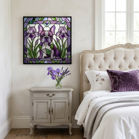 Stained glass artwork of a dog with purple flowers in a bedroom setting.