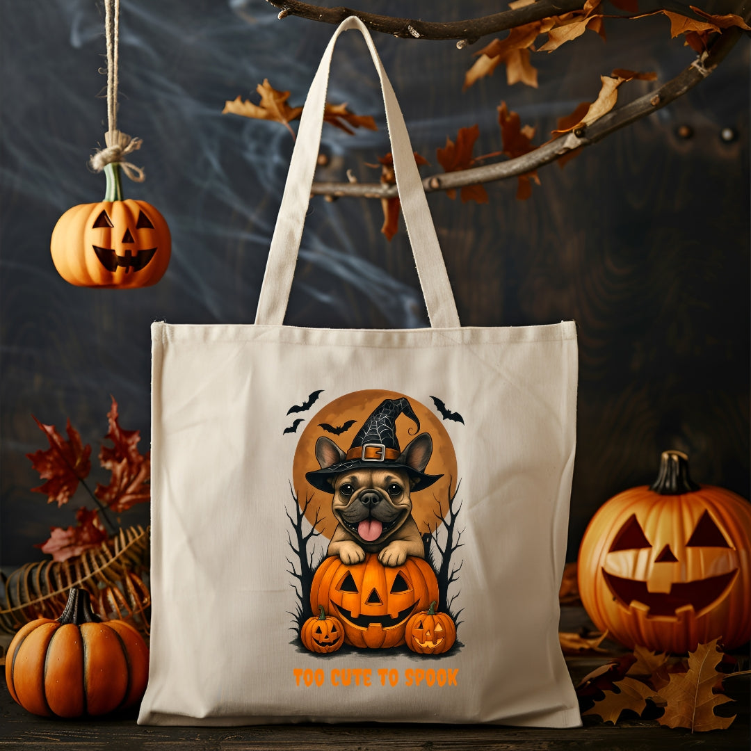 Tote bag with Halloween-themed design featuring a dog in a witch hat and pumpkins, surrounded by pumpkins and leaves.