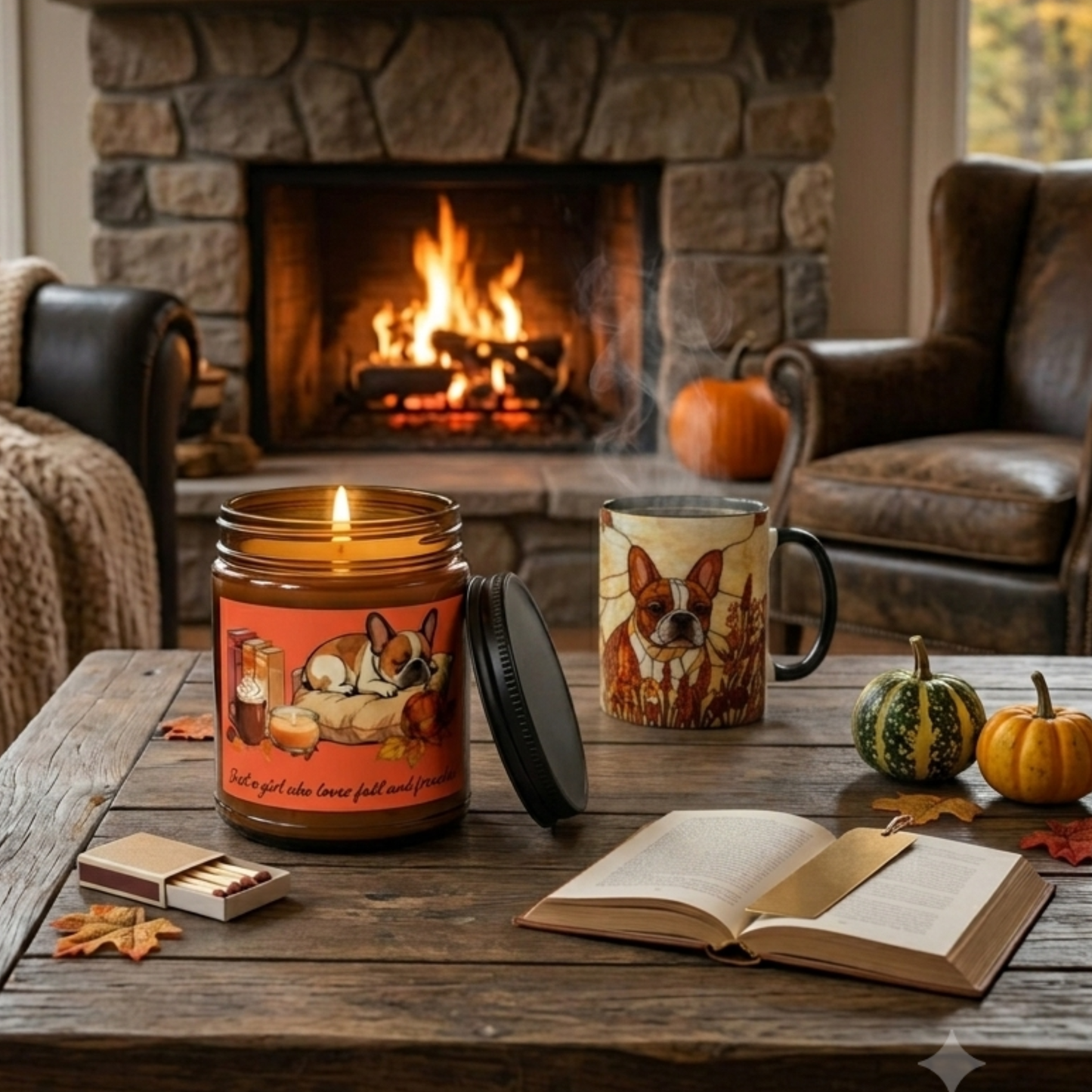 Candle with a dog design, mug, and book on a wooden table in front of a fireplace.