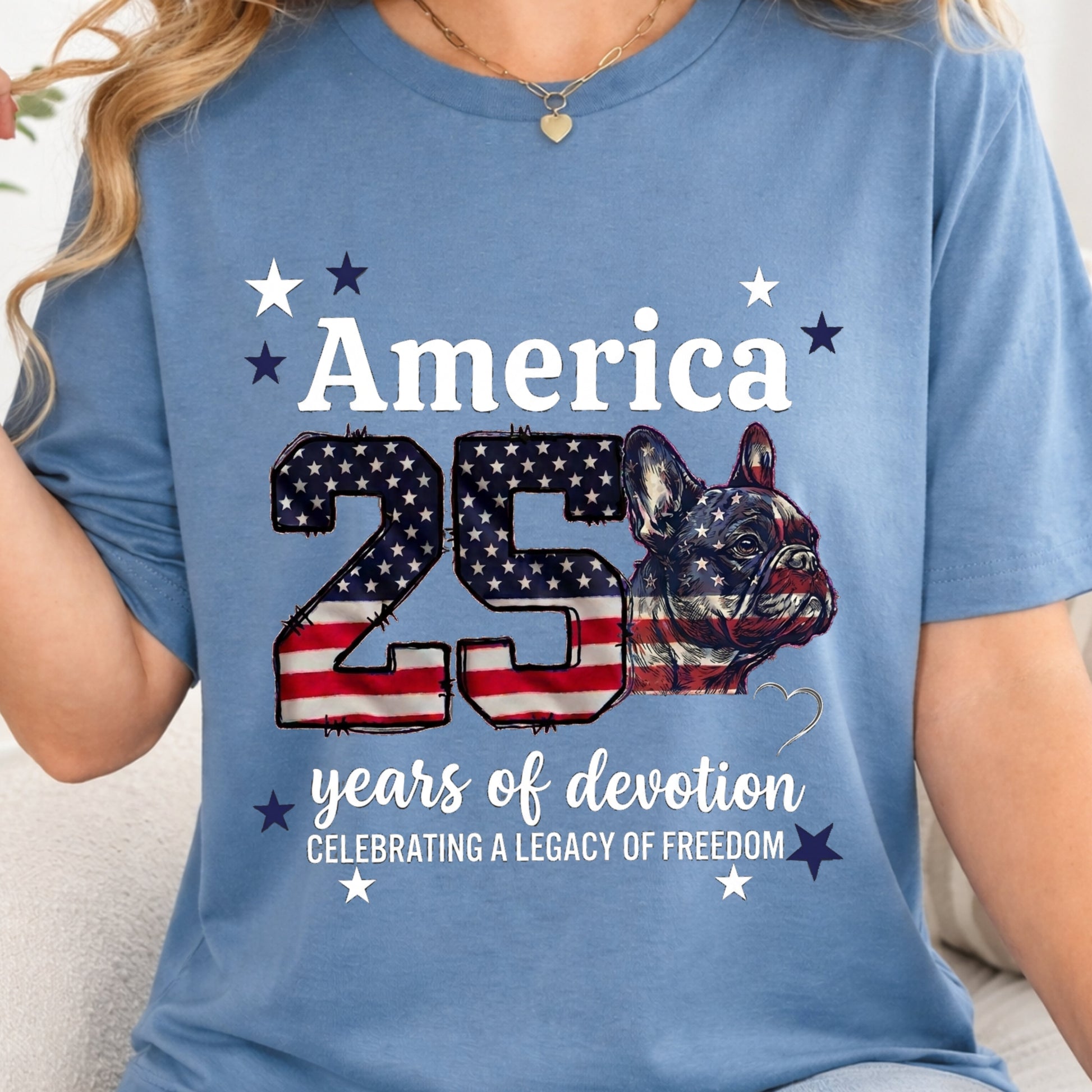 Blue t-shirt with American flag design and text celebrating 25 years of devotion.