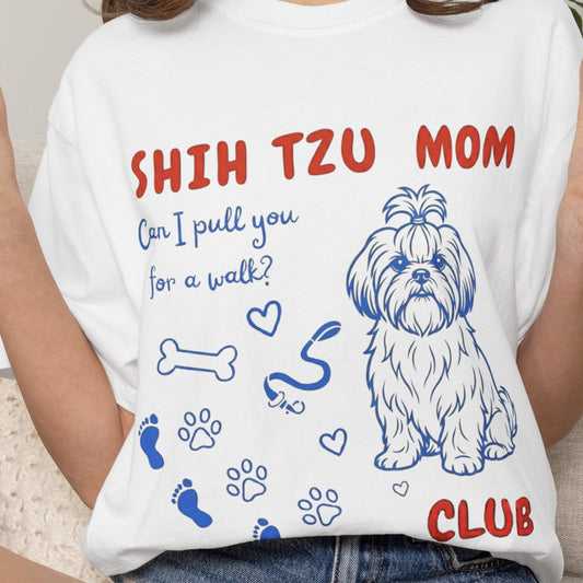 White t-shirt with Shih Tzu graphic and text 'Shih Tzu Mom Club' worn by a person.